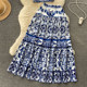European and American style blue and white porcelain printing suit women's summer pure desire revealing waist camisole + high waist mid-length skirt