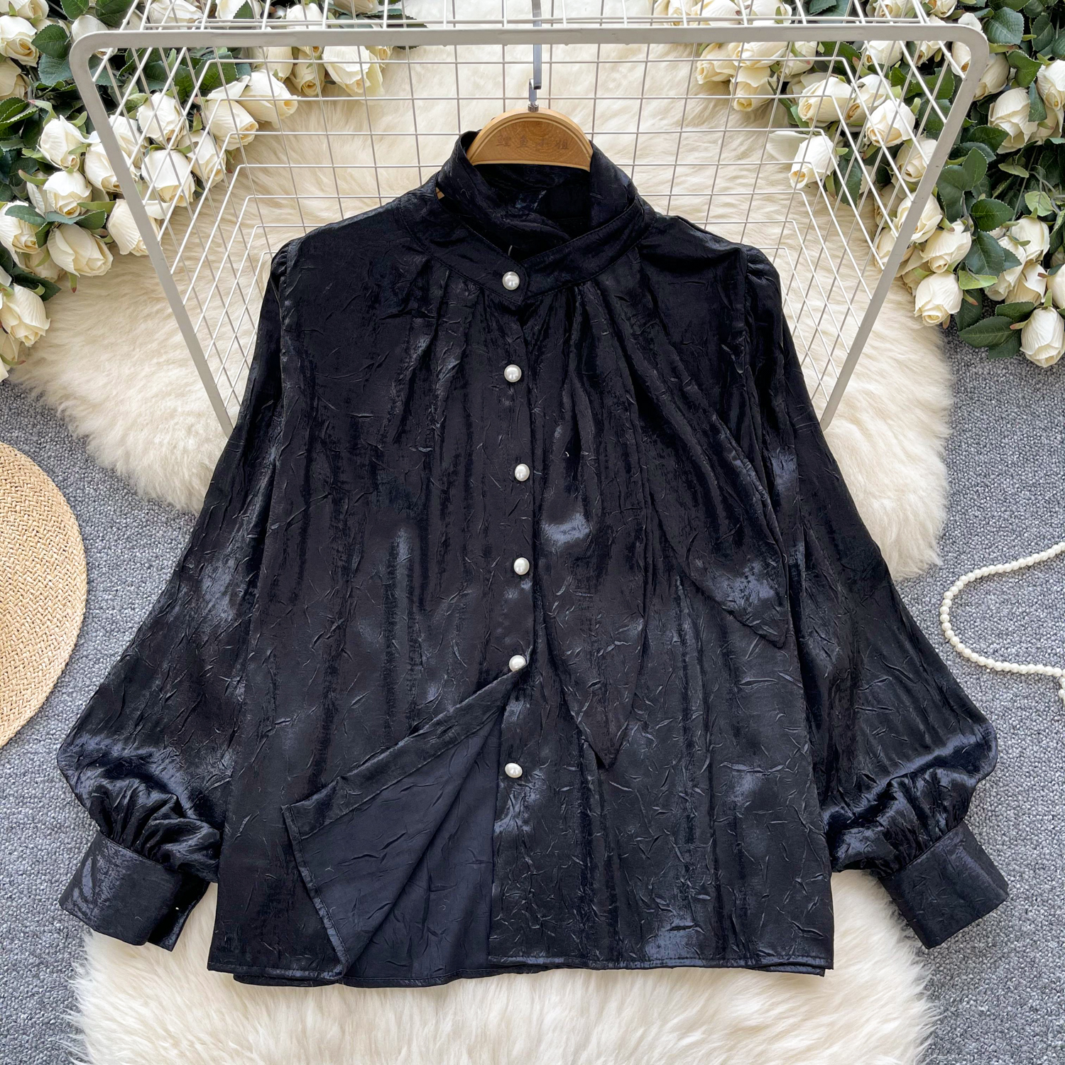 Celebrity Daughter Style Metallic Collar Lantern Sleeve Shirt Women's Autumn Texture Pattern Design Light Luxury Elegant Trendy Top