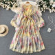 Holiday style deep V-neck lantern sleeve pleated long skirt early spring gentle wind tea break French oil painting dress