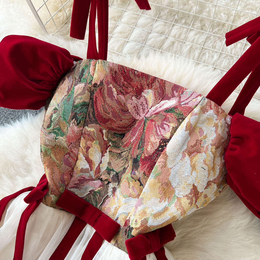 French retro niche design embroidered slip dress