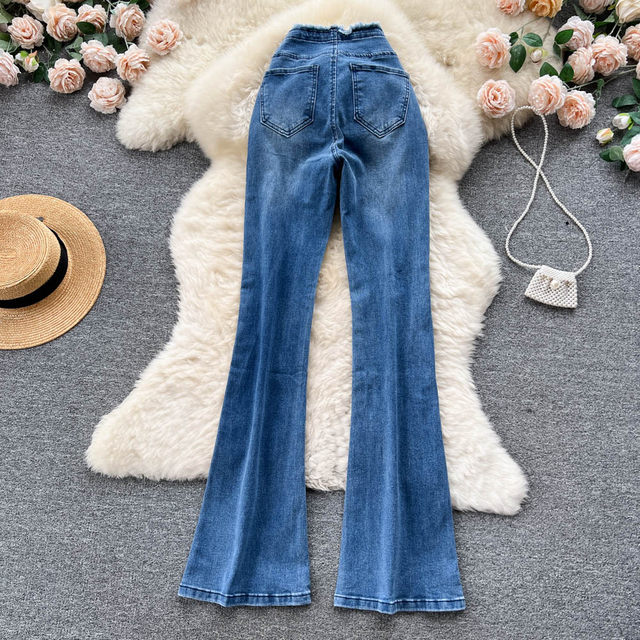 Spring and autumn new Korean version of the raw edge high waist slit jeans female drawstring hot girl all-match design micro flared trousers