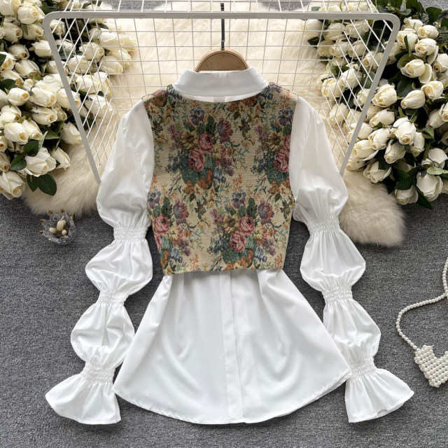 French retro oil painting printed vest + mid-length pleated puff sleeve white shirt women's two-piece set