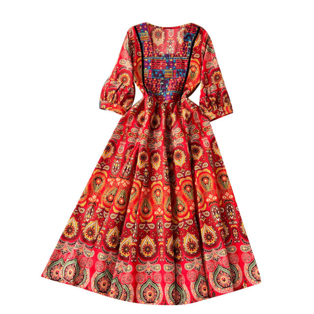 Spring and summer vacation ethnic style printing embroidery square collar dress women's waist waist big swing pleated A-line loose long skirt