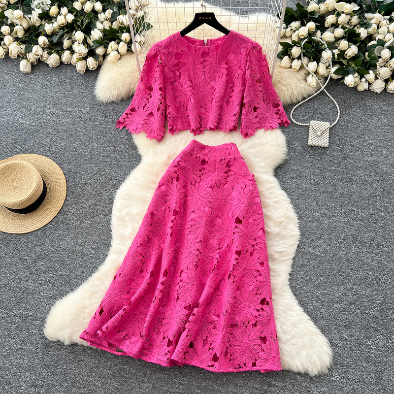 French-Style High-End Hollow Crochet Lace Suit for Women, Summer Fashion Short Bell-Sleeve Shirt, High-Waisted Skirt French-Style High-End Hollow Crochet Lace Suit for Women, Summer Fashion Short Bell-Sleeve Shirt, High-Waisted Skirt