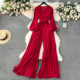 European and American puff sleeve jumpsuit for women 2024 early spring new style temperament V-neck lace-up waist long pleated wide-leg pants