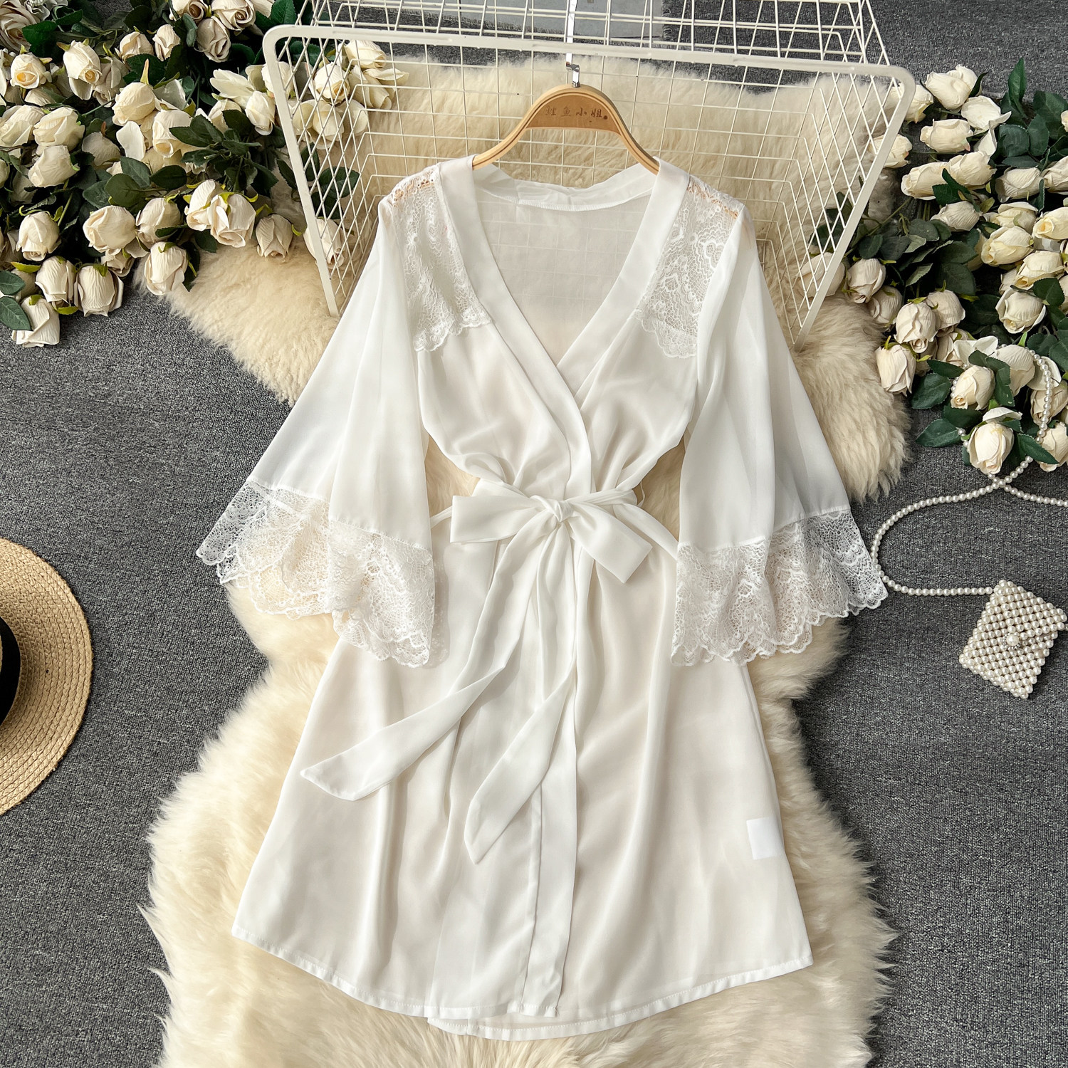CHILLGIO Sexy Lace Patchwork Women Nightgowns V Neck Sash Nightie Nightwear Club Casual Fashion Loose Transparent Pajamas Dress