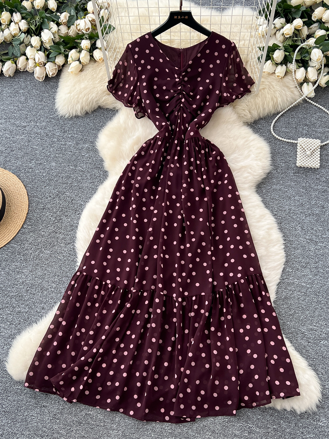 V-neck pleated ruffle sleeves waist slimming French polka dot chiffon dress