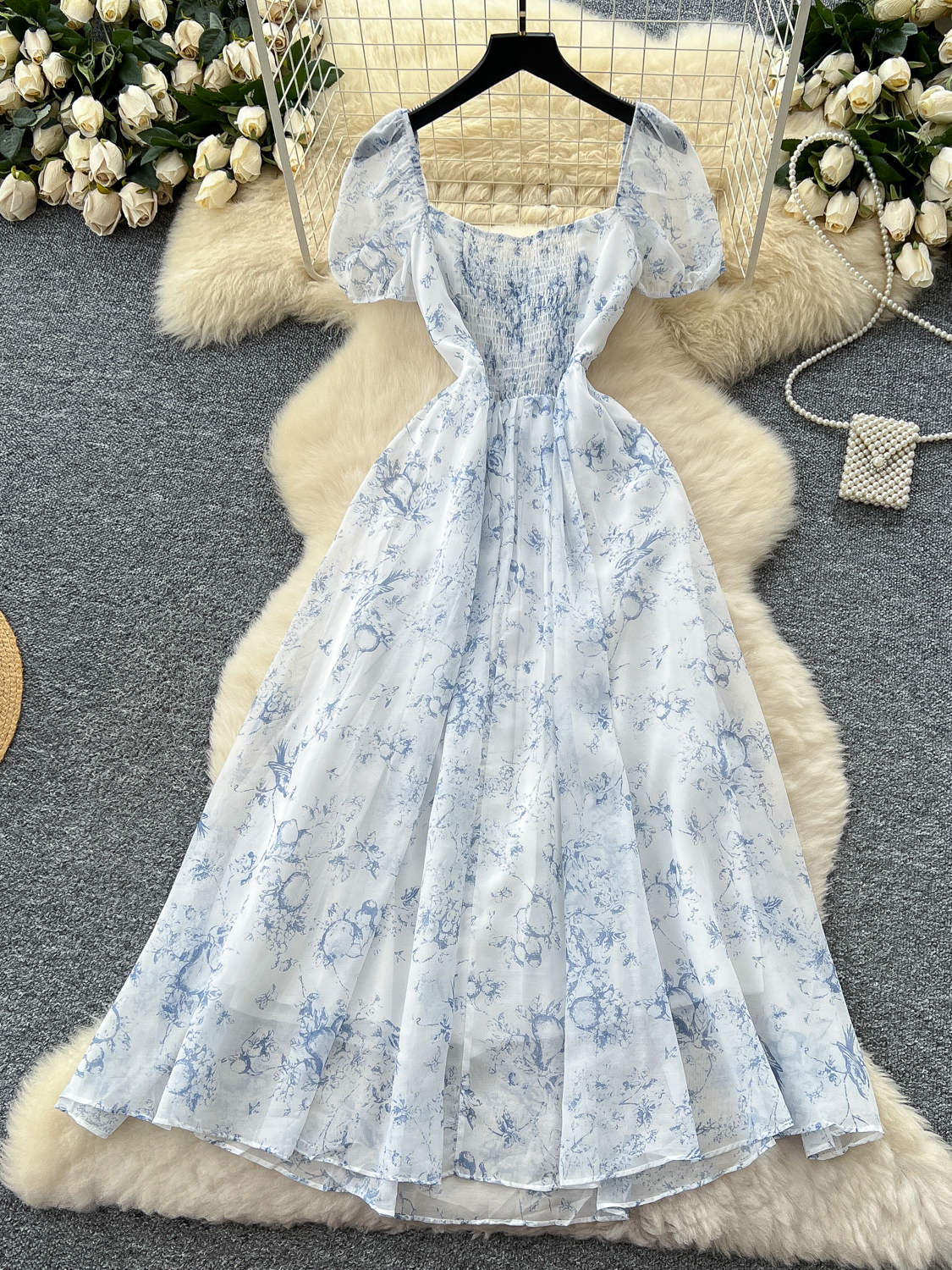 French super fairy style square neck puff sleeves waisted floral dress - Image 10