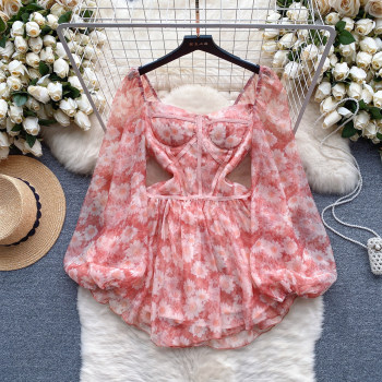 High-end spring dress for women, sweet daisy print, puff-sleeved mini dress, ladylike dress, elegant dress for women