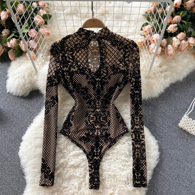 Autumn European and American ins bottoming jumpsuit women's long-sleeved mesh T-shirt slim fit all-match embroidered design sexy top