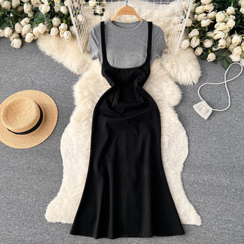 Summer new temperament retro style suit women's short-sleeved solid color top elastic bag hip suspender fishtail skirt two-piece set