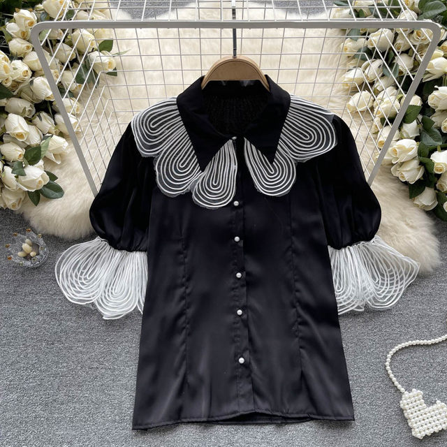 French court style petal stitching puff sleeve shirt female niche design chic lapel satin cardigan top