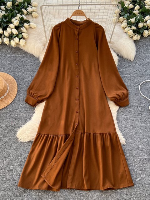 Spring Dress 2025 New Style Lazy Casual Round Neck Single-Breasted Lantern Sleeve Loose Ruffle Cardigan Long Dress