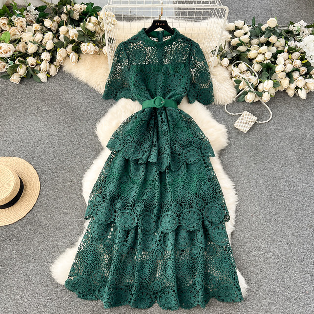 Light luxury heavy industry hollow carved lace dress women's high-end multi-layered ruffle cake skirt lady style dress