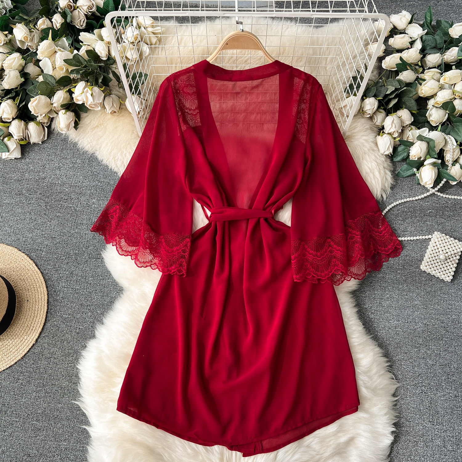 CHILLGIO Sexy Lace Patchwork Women Nightgowns V Neck Sash Nightie Nightwear Club Casual Fashion Loose Transparent Pajamas Dress
