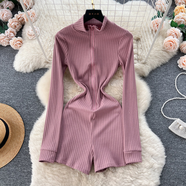 European and American hot girl style design jumpsuit for women autumn 2023 new style simple solid color long-sleeved zipper top shorts