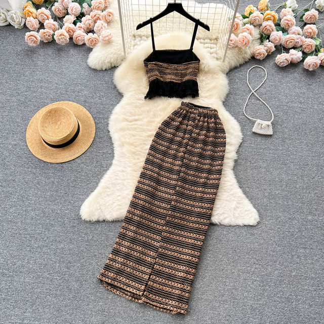Holiday ethnic style hot girl suit female summer tassel striped small strap tube top vest + high waist mid-length skirt
