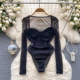 European and American ins hot jumpsuit female sexy heavy embroidered tube top slim body shaper long-sleeved mesh bottoming shirt