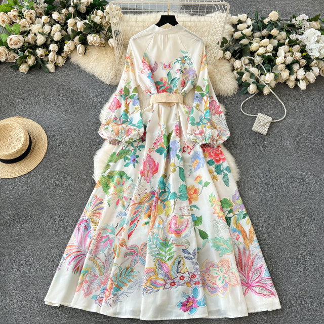 2024 Early Spring New Niche Elegant Printed Breasted Slim Long French Puff Sleeve Dress Temperament