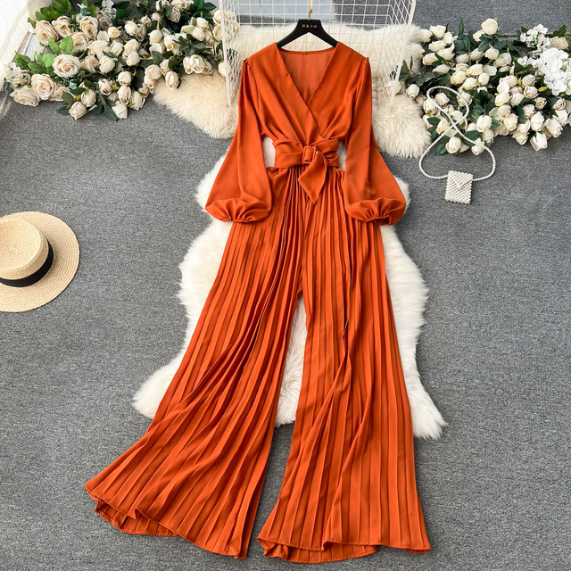 European and American puff sleeve jumpsuit for women 2024 early spring new style temperament V-neck lace-up waist long pleated wide-leg pants