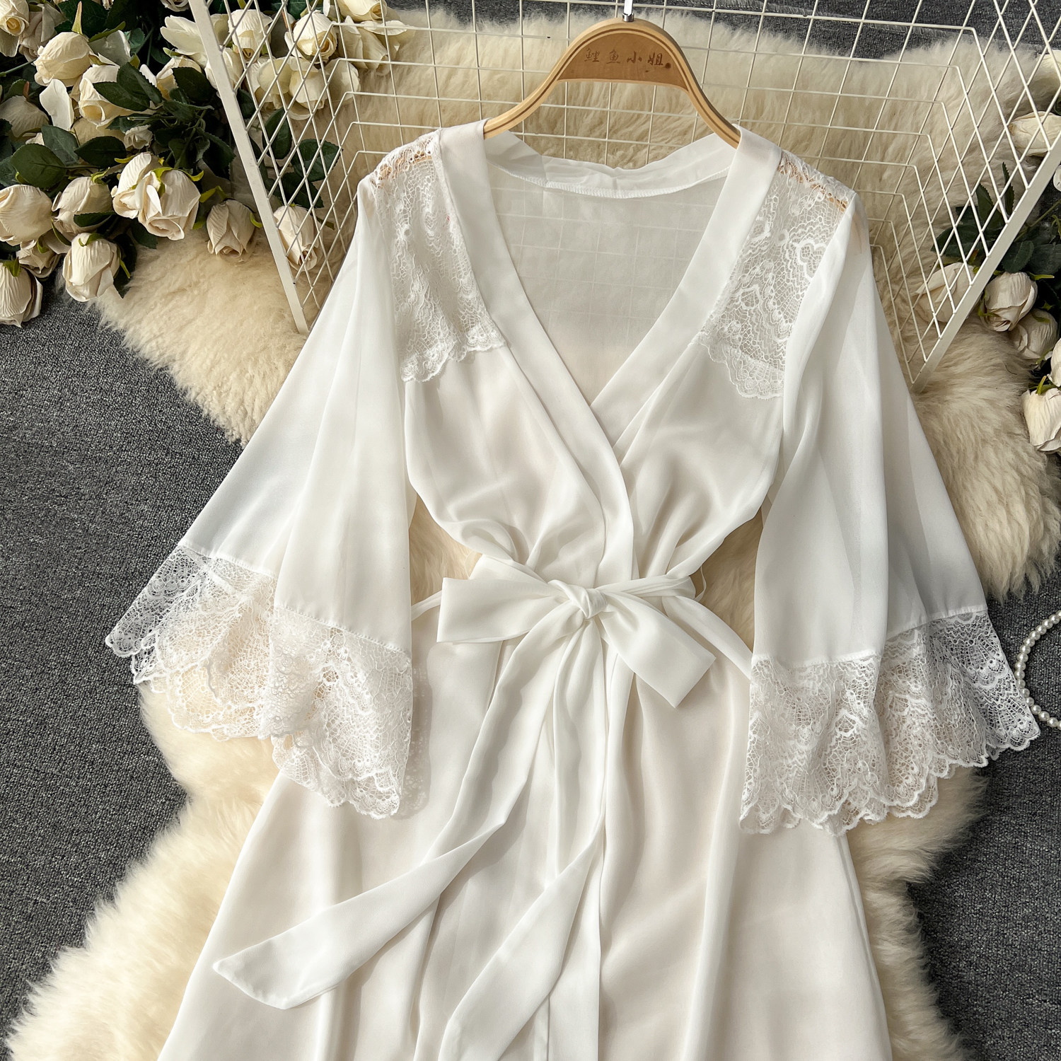 CHILLGIO Sexy Lace Patchwork Women Nightgowns V Neck Sash Nightie Nightwear Club Casual Fashion Loose Transparent Pajamas Dress