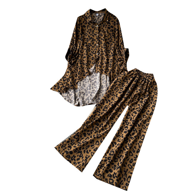 Retro Lazy Fashion Leopard Print Suit Women's Irregular Long-sleeved Shirt High Waist Slim Wide-leg Pants Two-piece Set