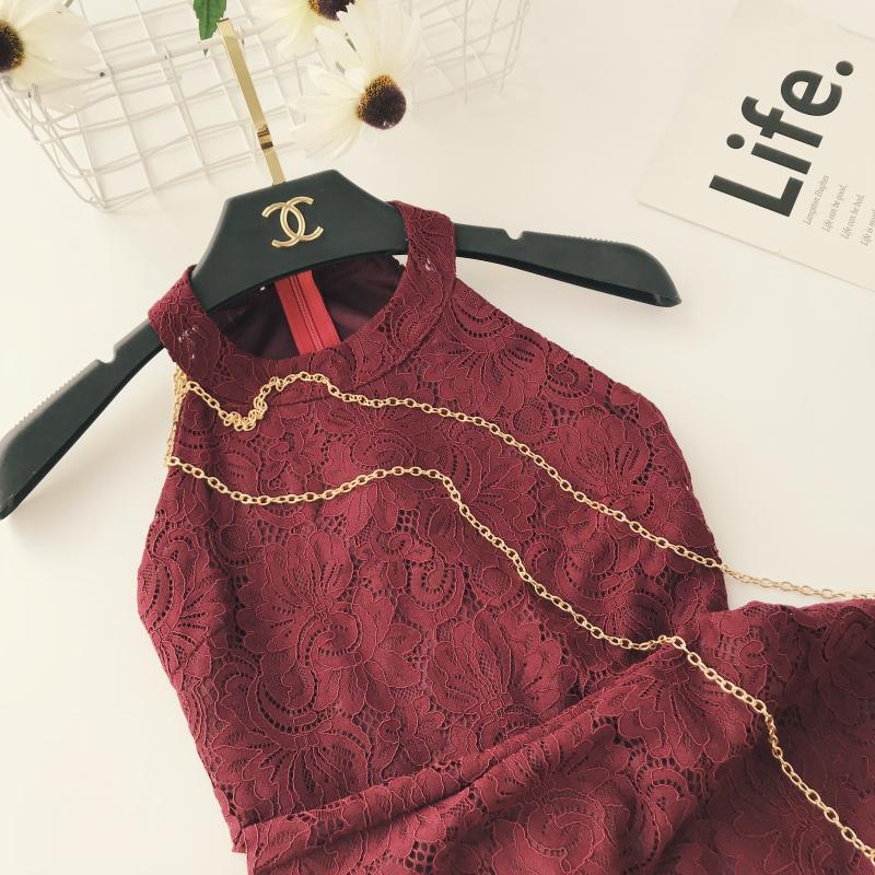Đông Nam Á treo cổ retro ren mỏng giảm béo eo cao một từ lớn đầm đầm nhỏ váy đi lại 2018 nữ đầm chữ a trung niên