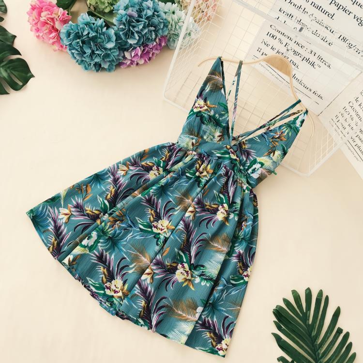 Đông nam Á Nhiệt Đới Thái Lan Kỳ Nghỉ Bãi Biển Dress Thực Vật In Sexy V-Cổ Chữ Thập Sling Mở Lại A-Line Dress mẫu váy xòe liền thân đẹp