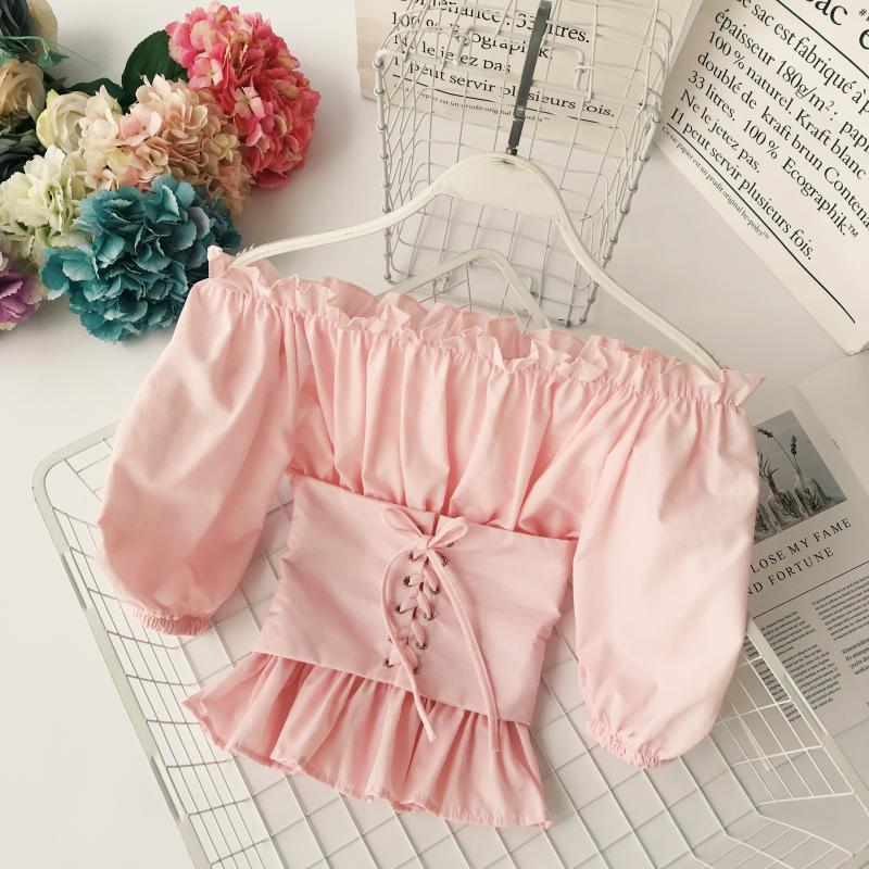 Thời trang châu Âu và Mỹ thời trang gợi cảm từ cổ áo lệch vai ống trên tai bằng gỗ dài tay thắt lưng eo áo sơ mi nữ áo sơ mi dài