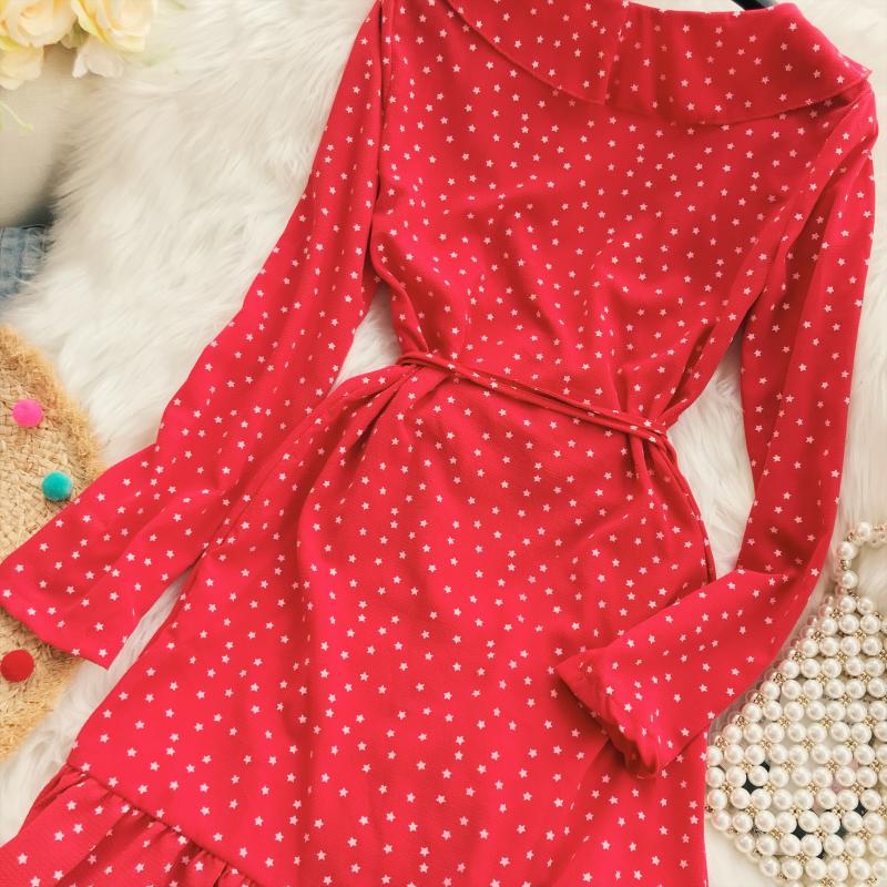Ngôi sao lãng mạn retro Pháp in eo cao với một chiếc váy cardigan dài tay xù đầm ôm body