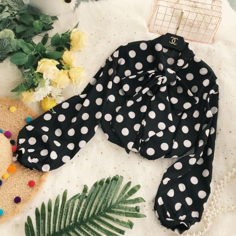 Pháp thanh lịch Retro polka chấm hàng đầu áo sơ mi trắng đẹp