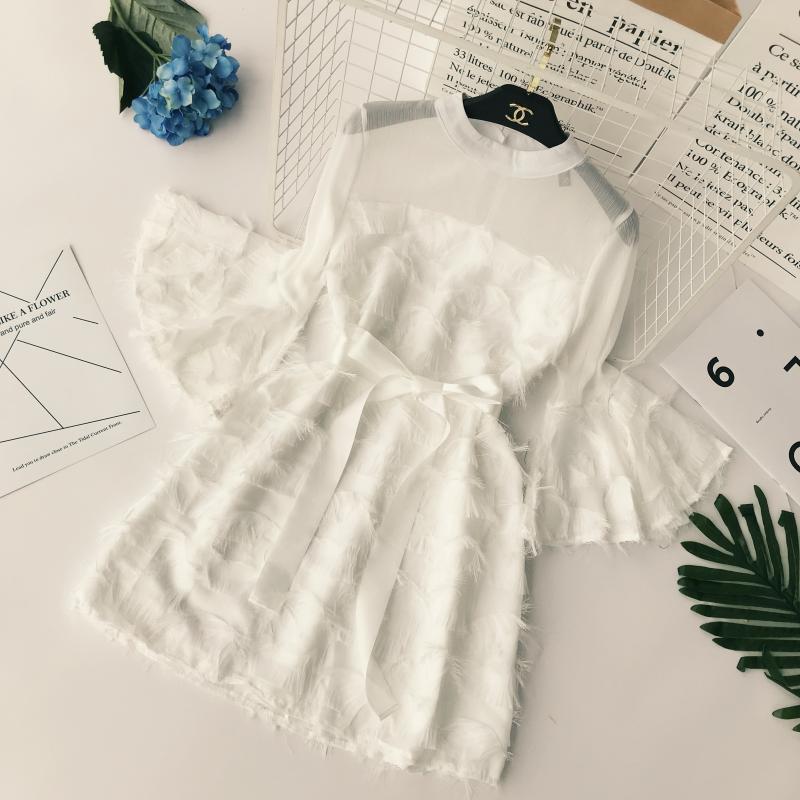 Mùa thu phụ nữ 2018 mới váy lưới khâu lông mi ren trumpet tay áo cao eo tie Một từ ăn mặc nữ váy sát nách chữ a