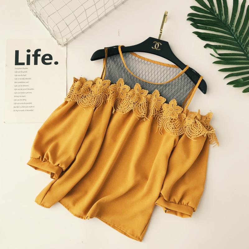Ưu đãi đặc biệt thời trang Hàn Quốc ren ngọt ngào cổ tròn quây lưới openwork lưới phồng tay áo ngắn tay áo voan sơ mi áo trắng cổ cồn