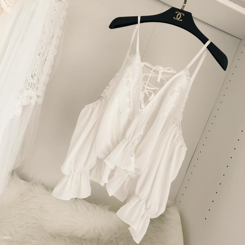 Tua ren bên sexy v- cổ quây quây 7 điểm tay áo hoang dã eo xù dây đai áo sơ mi chiffon phụ nữ kiểu áo sơ mi nữ tay lỡ