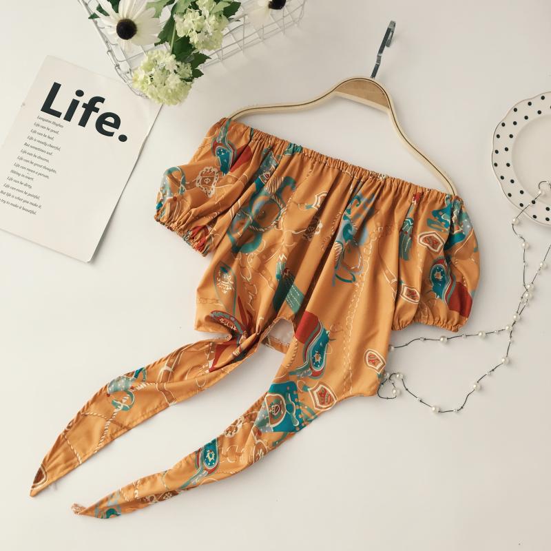 Mùa hè 2018 mới in retro phong cách quốc gia từ cổ áo quây tay áo ngắn đoạn thắt eo áo sơ mi nữ sơ mi công sở nữ