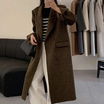 2025新款人字纹西装领双面羊绒大衣女双排扣过膝长款显瘦羊毛外套