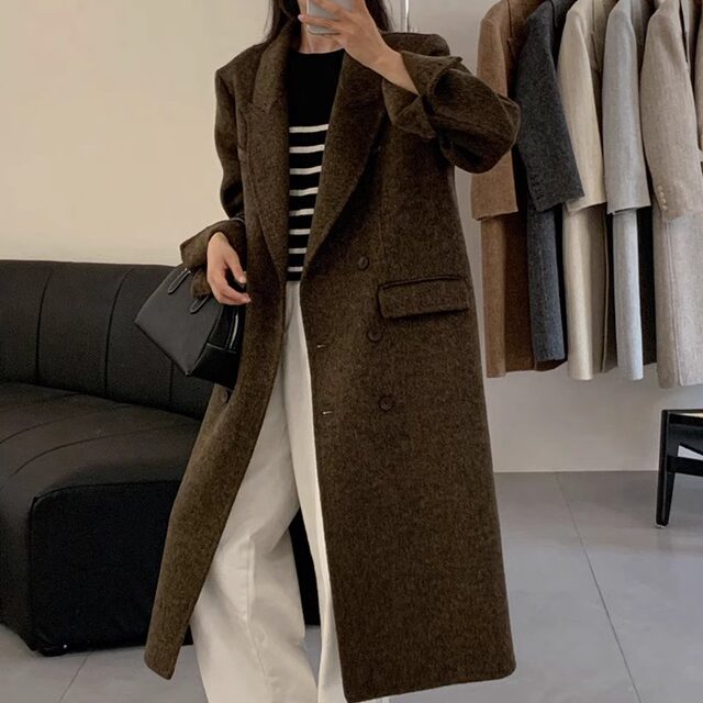 2025新款人字纹西装领双面羊绒大衣女双排扣过膝长款显瘦羊毛外套