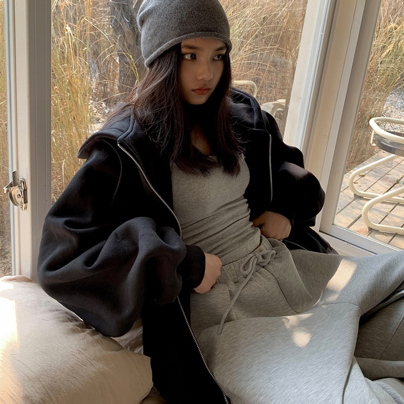 Autumn and winter American thickened jacket zipped open-shirt loose with lazy wind even cap sweatshirt female oversize plus suede blouses-Taobao