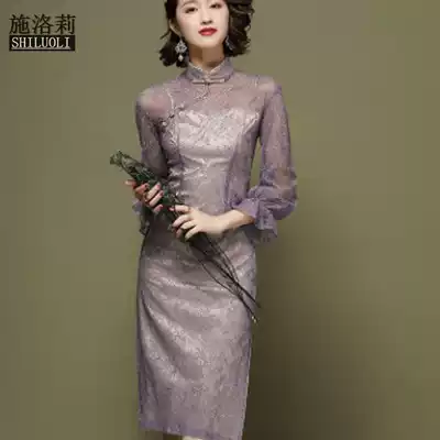 Sluori cheongsam dignified atmosphere lace improved medium and long dress waist slim long dress very fairy skirt