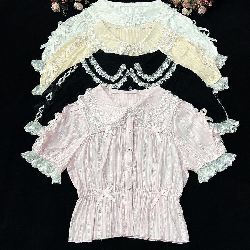 Original Lolita Dress [Summer Hibiscus] Pure Cotton Short-Sleeved Doll Collar Inner Layer Lolita Shirt