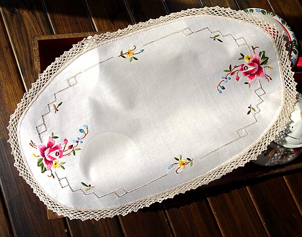 Foreign trade pure cotton extraction crochet edge retro hand embroidered cloth art cup cushion vase cushion dining cushion 28X46CM French style Rose-Taobao
