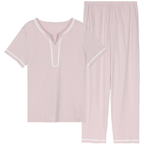 Embrys counter new product mercerized cotton small v round neck short-sleeved pajamas and pajamas womens home wear set EL00719