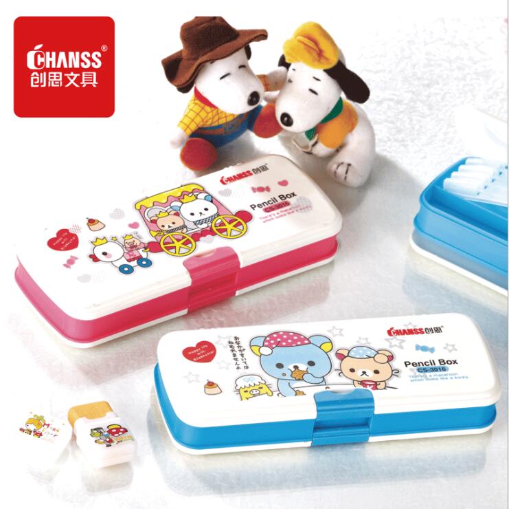 Chuangsi multifunctional cute pencil case children two-layer pencil case primary school kindergarten boys and girls plastic pencil case