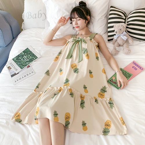 Топ с чашечками, летняя пижама, хлопковая длинная свежая милая демисезонная тонкая юбка для принцессы, эффект подтяжки