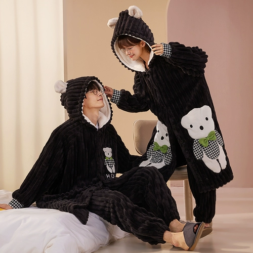 Коралловый бархатный мультяшный зимний банный халат, пижама для влюбленных, длинный фланелевый комплект, увеличенная толщина, длина макси