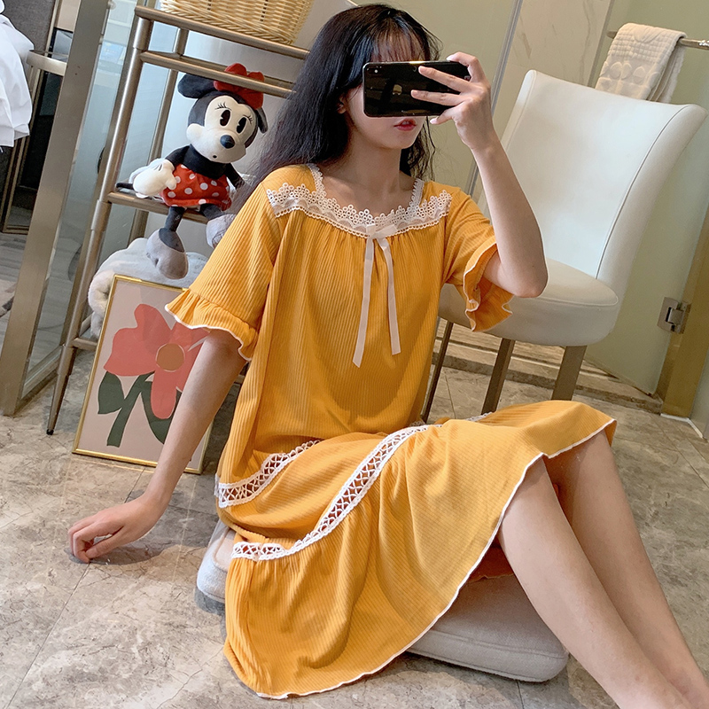 Rất cổ tích pajama phụ nữ mùa hè bông quần áo gia đình mỏng mùa hè tươi dễ thương đồ ngủ công chúa gió có thể mòn bên ngoài.