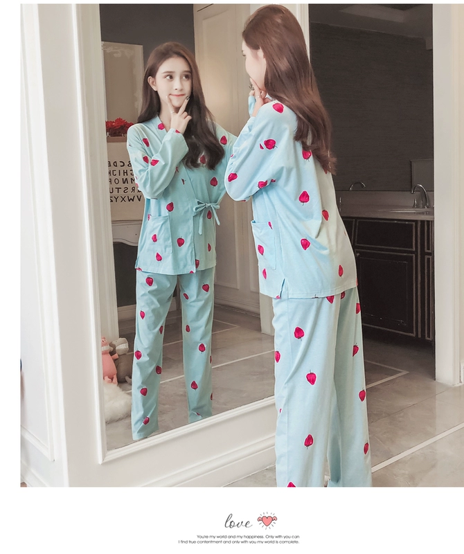 Bộ đồ ngủ kimono nữ mùa xuân và mùa thu dài tay mỏng cotton Nhật Bản phong cách ren tươi sinh viên lỏng lẻo kích thước lớn phù hợp với dịch vụ nhà - Giống cái bộ đồ mặc nhà mùa hè