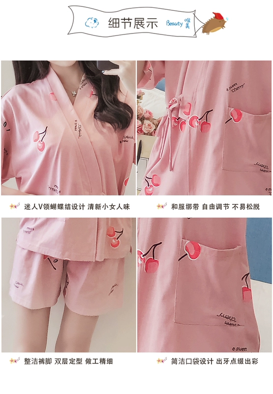 Bộ đồ ngủ nữ mùa hè ngắn tay cotton tinh khiết mỏng kimono Nhật Bản hai mảnh phù hợp với mùa hè ngọt ngào và dễ thương phục vụ tại nhà cho phụ nữ - Cha mẹ và con