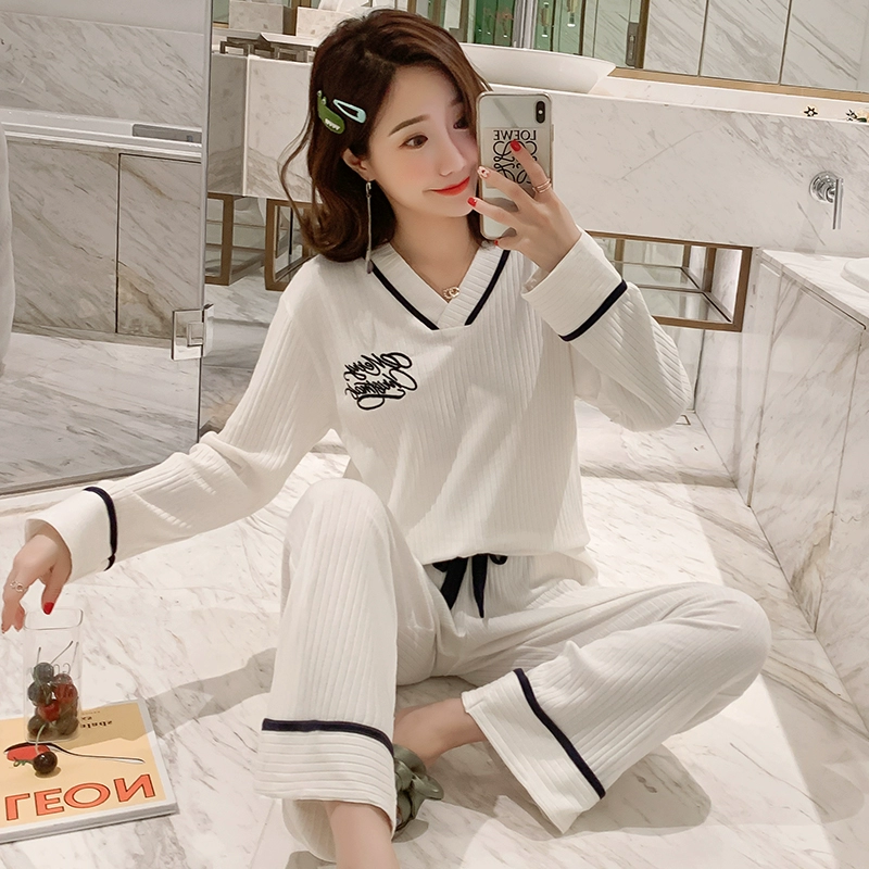 Bộ đồ ngủ nữ mùa thu cotton dài tay phong cách hàn quốc tươi sinh viên mùa xuân và mùa thu tại nhà dịch vụ mỏng phần đông và mùa hè bộ đồ hai mảnh - Cha mẹ và con