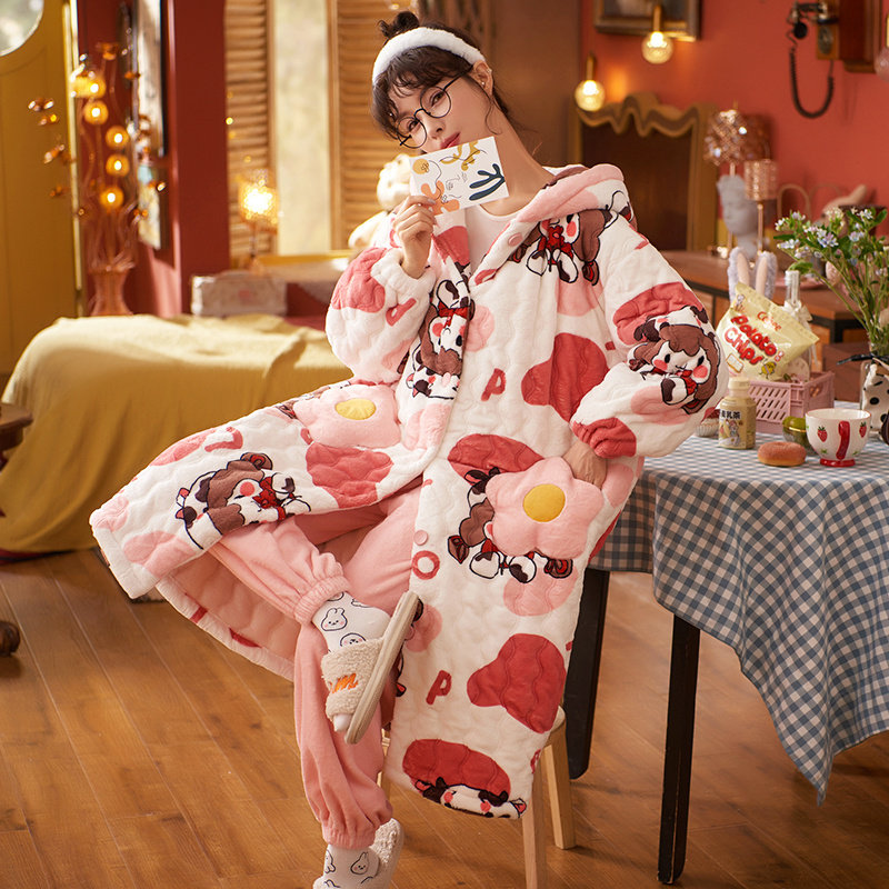 Triple Laminated Cotton Autumn Winter Pyjamas Woman Coral Suede Gushed Warm Cute Cartoon Long Version Flannel Velvet Sleeping Robe Suit